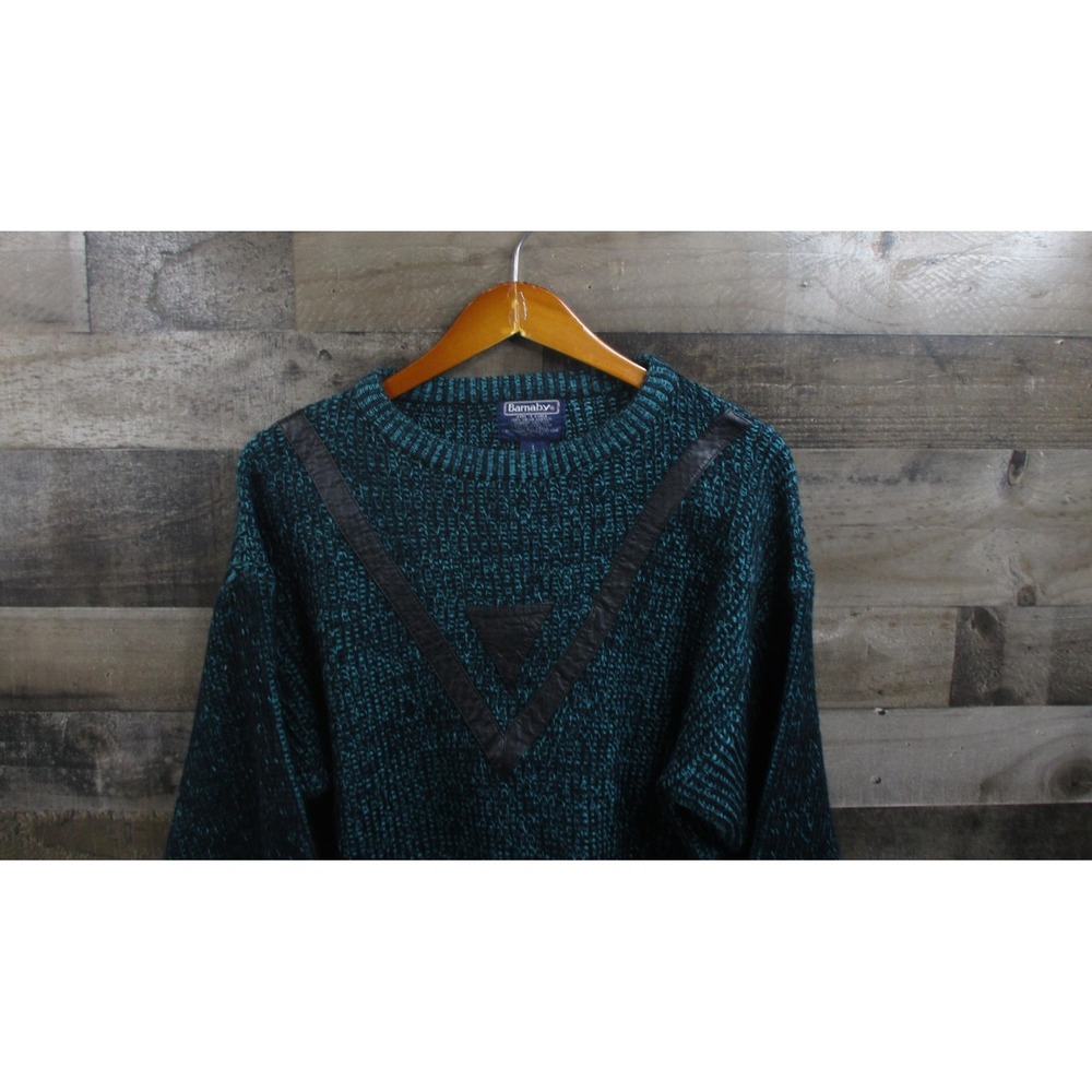 Vintage Barnaby Sweater Mens Large Green Black Knit Leather Trim Pullover 90s